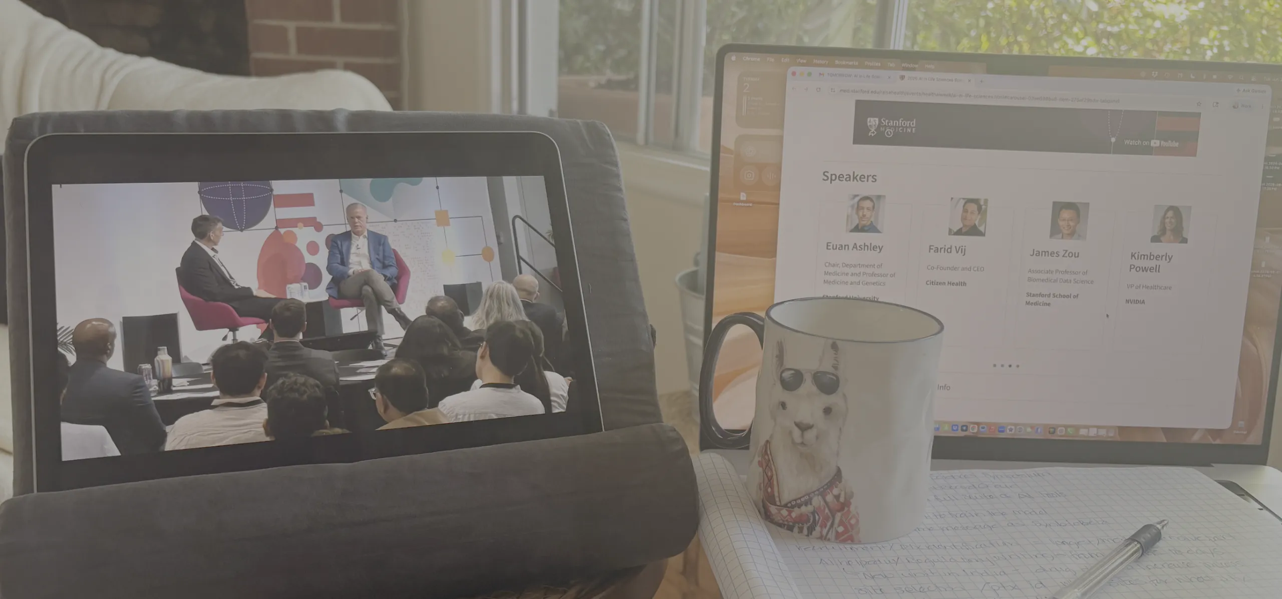 Speakers on device screeen from the Stanford AI in Health Sciences symposium
